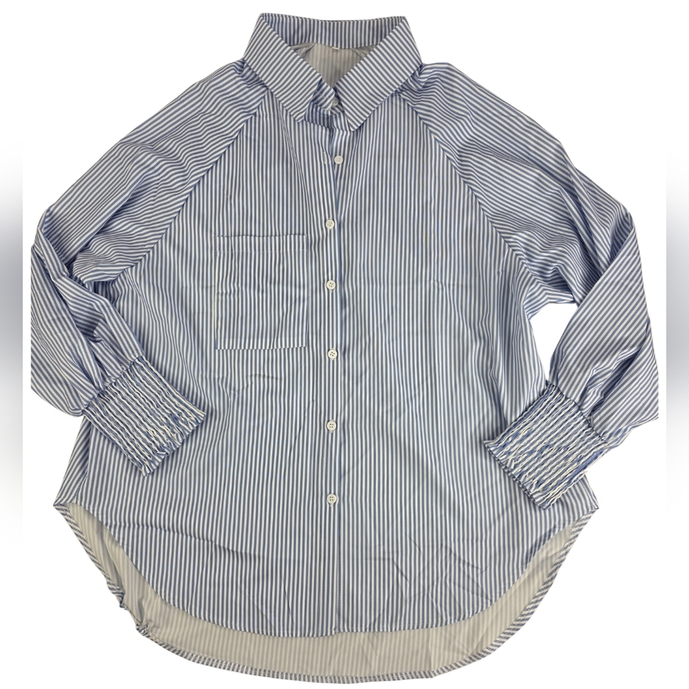 Amazon 2X Blue White Stripe Button-Down Shirt NEW Ruffle Sleeves 3212-L